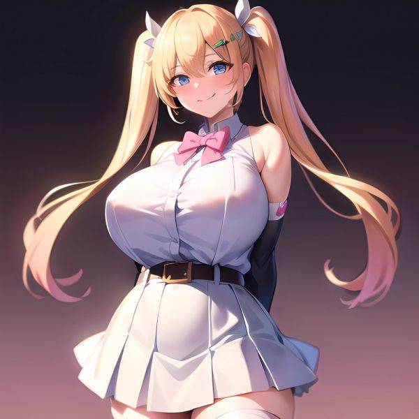 1girl Aymusk Belt White Skirt Blonde Hair Blue Eyes Blush Bow Bowtie Breasts Curvy Elbow Gloves Fang Gloves Gradient Background, 3528470901 - AIHentai - aihentai.co on pornintellect.com