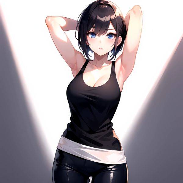 1girl Solo Tank Top Leggings Blue Eyes Standing Fully Clothed Pov Simple Background Arms Behind Head, 1442135660 - AIHentai - aihentai.co on pornintellect.com