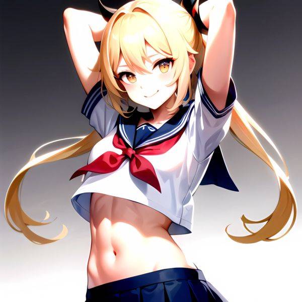 1girl Arms Up Arms Behind Head Blonde Hair Blue Skirt Bow Crop Top Crop Top Overhang Genshin Impact Gradient Background, 52958109 - AIHentai - aihentai.co on pornintellect.com