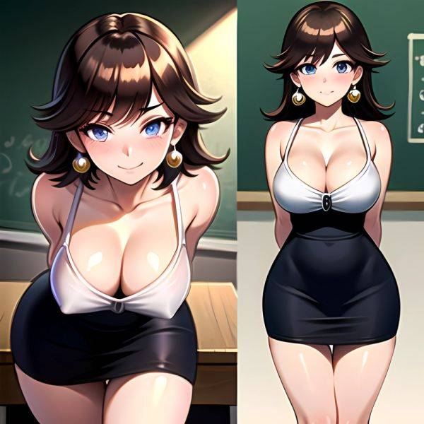 1girl Blue Eyes Blush Breasts Brown Hair Chalkboard Classroom Cleavage Crown Curvy Desk Earrings Highres Jewelry Large Breasts L, 3525786094 - AIHentai - aihentai.co on pornintellect.com