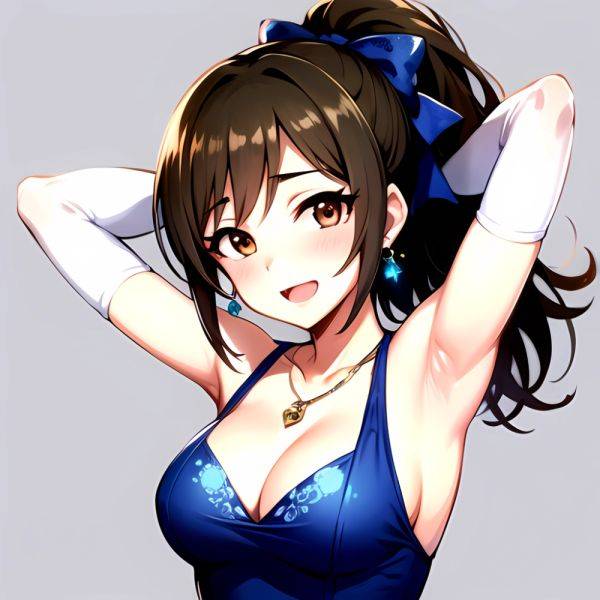 1girl Absurdres Armpits Arms Up Ayase Honoka Black Gloves Blue Bow Blue Dress Blush Bow Breasts Brown Eyes Brown Hair, 1329387266 - AIHentai - aihentai.co on pornintellect.com