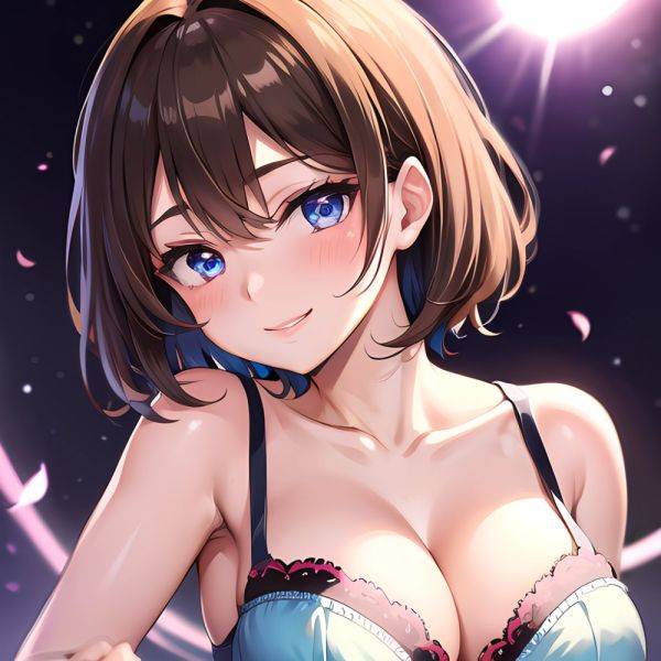 1girl Ai Generated Blue Eyes Blush Breasts Brown Hair Highres Large Breasts Light Smile Looking At Viewer Purple Background Shor, 1535800961 - AIHentai - aihentai.co on pornintellect.com