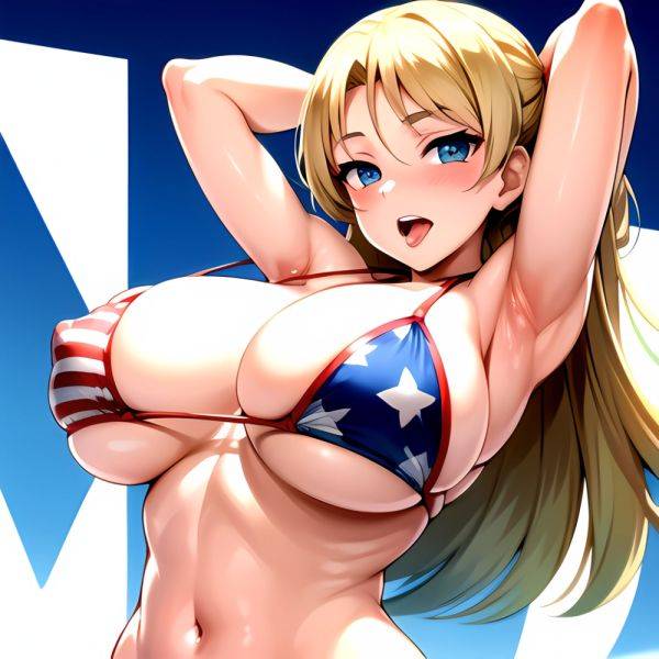 1girl American Flag Bikini Armpits Arms Behind Head Bikini Blonde Hair Blue Eyes Blush Breasts Covered Erect Nipples Flag Print, 2376883186 - AIHentai - aihentai.co - Usa on pornintellect.com