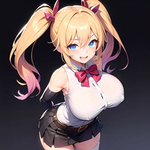 1girl Aymusk Belt Black Skirt Blonde Hair Blue Eyes Blush Bow Bowtie Breasts Curvy Elbow Gloves Fang Gloves Gradient Background, 2691726169 - AIHentai - aihentai.co on pornintellect.com