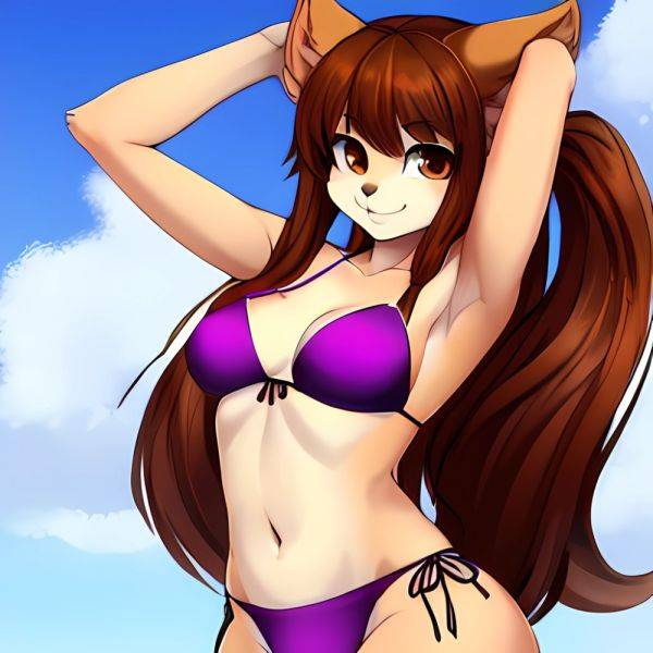 1girl Armpits Arms Behind Head Bikini Brown Eyes Brown Hair Cowboy Shot Dot Nose Flat Chest From Side Hair Ornament, 2587052440 - AIHentai - aihentai.co on pornintellect.com