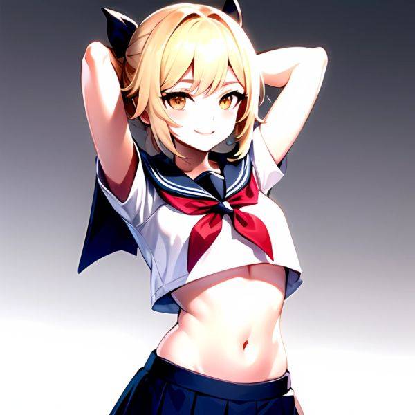 1girl Arms Up Arms Behind Head Blonde Hair Blue Skirt Bow Crop Top Crop Top Overhang Genshin Impact Gradient Background, 2489401241 - AIHentai - aihentai.co on pornintellect.com