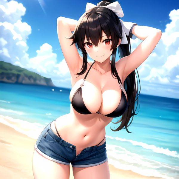 1girl Arms Behind Head Armpits Beach Bikini Bikini Under Shorts Black Bikini Black Hair Blurry Blurry Background Breasts Cleavag, 1657530659 - AIHentai - aihentai.co on pornintellect.com