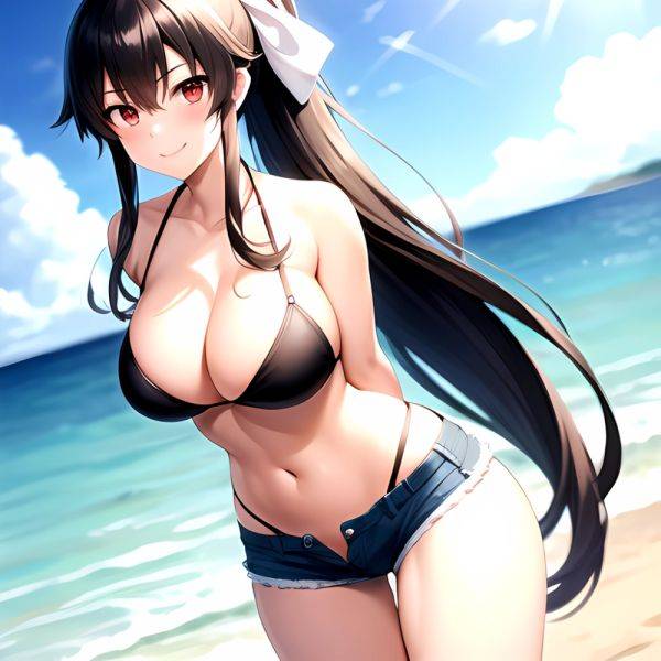 1girl Arms Behind Back Beach Bikini Bikini Under Shorts Black Bikini Black Hair Blurry Blurry Background Breasts Cleavage Closed, 936165194 - AIHentai - aihentai.co on pornintellect.com