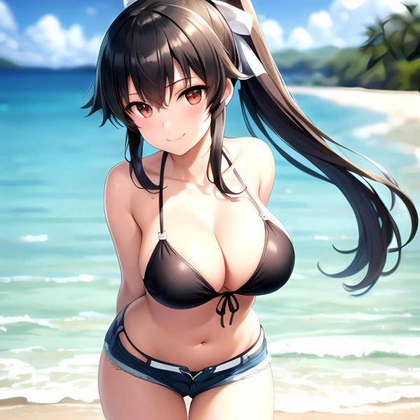 1girl Arms Behind Back Beach Bikini Bikini Under Shorts Black Bikini Black Hair Blurry Blurry Background Breasts Cleavage Closed, 952884857 - AIHentai - aihentai.co on pornintellect.com