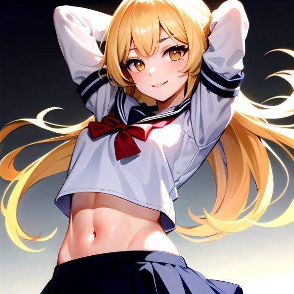 1girl Arms Up Arms Behind Head Blonde Hair Blue Skirt Bow Crop Top Crop Top Overhang Genshin Impact Gradient Background, 2916829967 - AIHentai - aihentai.co on pornintellect.com