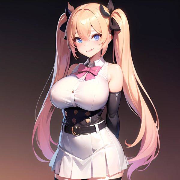 1girl Aymusk Belt White Skirt Blonde Hair Blue Eyes Blush Bow Bowtie Breasts Curvy Elbow Gloves Fang Gloves Gradient Background, 567926423 - AIHentai - aihentai.co on pornintellect.com