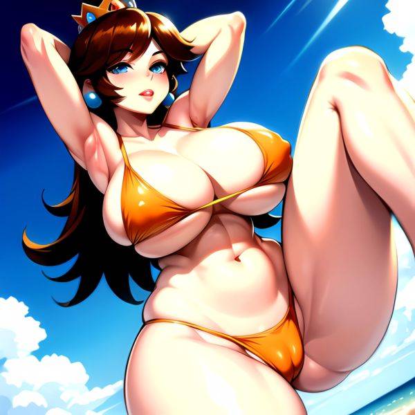 1girl Areola Slip Armpits Arms Behind Head Bikini Blue Eyes Blush Breasts Brown Hair Cleavage Huge Breasts Legs Mario Series, 150272777 - AIHentai - aihentai.co on pornintellect.com
