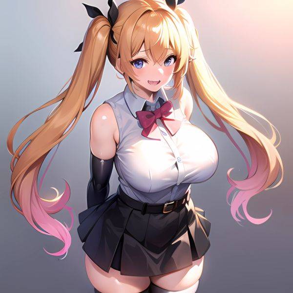1girl Aymusk Belt Black Skirt Blonde Hair Blue Eyes Blush Bow Bowtie Breasts Curvy Elbow Gloves Fang Gloves Gradient Background, 1824059441 - AIHentai - aihentai.co on pornintellect.com