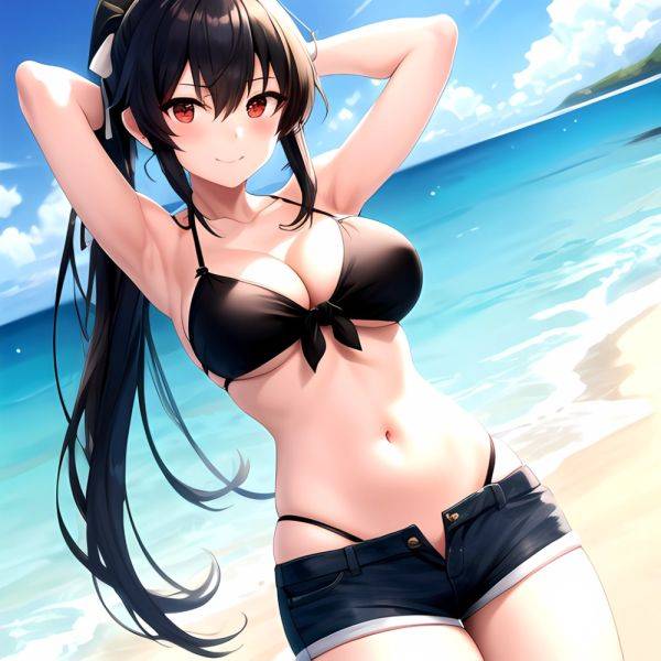 1girl Arms Behind Head Armpits Beach Bikini Bikini Under Shorts Black Bikini Black Hair Blurry Blurry Background Breasts Cleavag, 3104942692 - AIHentai - aihentai.co on pornintellect.com
