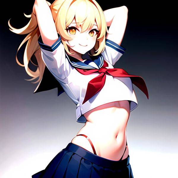 1girl Arms Up Arms Behind Head Blonde Hair Blue Skirt Bow Crop Top Crop Top Overhang Genshin Impact Gradient Background, 3345311706 - AIHentai - aihentai.co on pornintellect.com