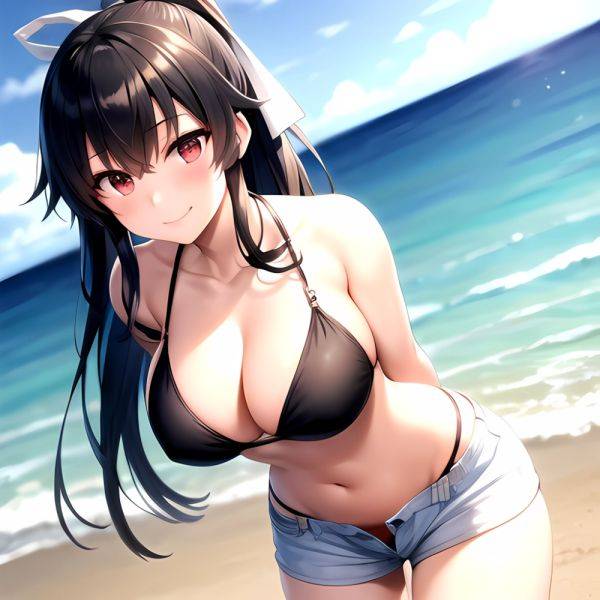 1girl Arms Behind Back Beach Bikini Bikini Under Shorts Black Bikini Black Hair Blurry Blurry Background Breasts Cleavage Closed, 2081906598 - AIHentai - aihentai.co on pornintellect.com