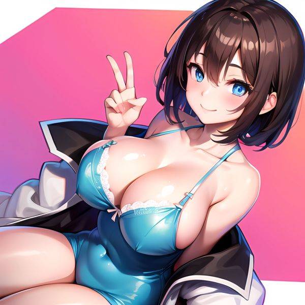 1girl Ai Generated Blue Eyes Blush Breasts Brown Hair Highres Large Breasts Light Smile Looking At Viewer Pink Background Short, 3800094623 - AIHentai - aihentai.co on pornintellect.com