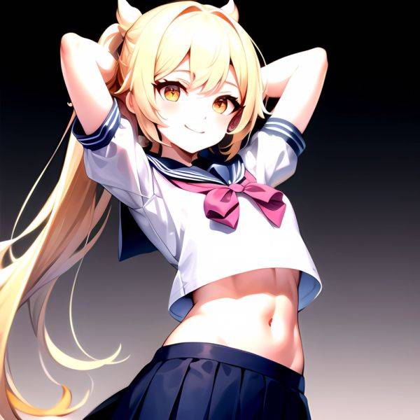 1girl Arms Up Arms Behind Head Blonde Hair Blue Skirt Bow Crop Top Crop Top Overhang Genshin Impact Gradient Background, 4228753614 - AIHentai - aihentai.co on pornintellect.com