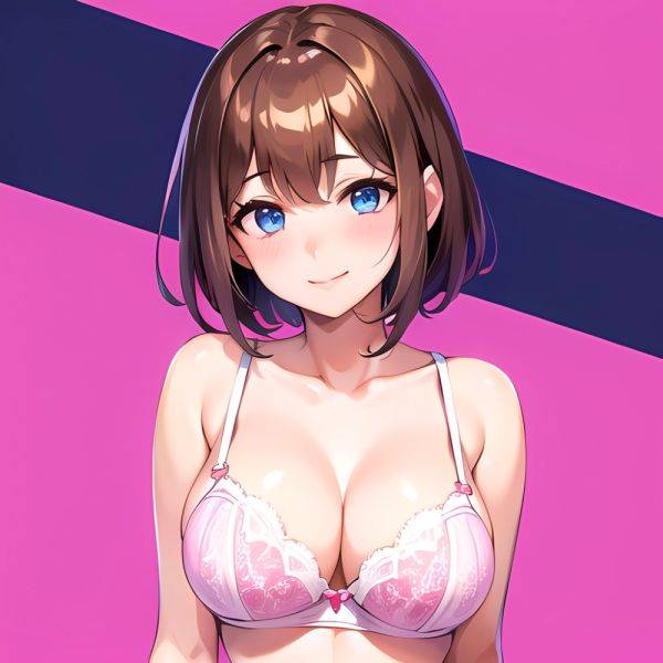 1girl Ai Generated Blue Eyes Blush Breasts Brown Hair Highres Large Breasts Light Smile Looking At Viewer Pink Background Short, 2248343851 - AIHentai - aihentai.co on pornintellect.com