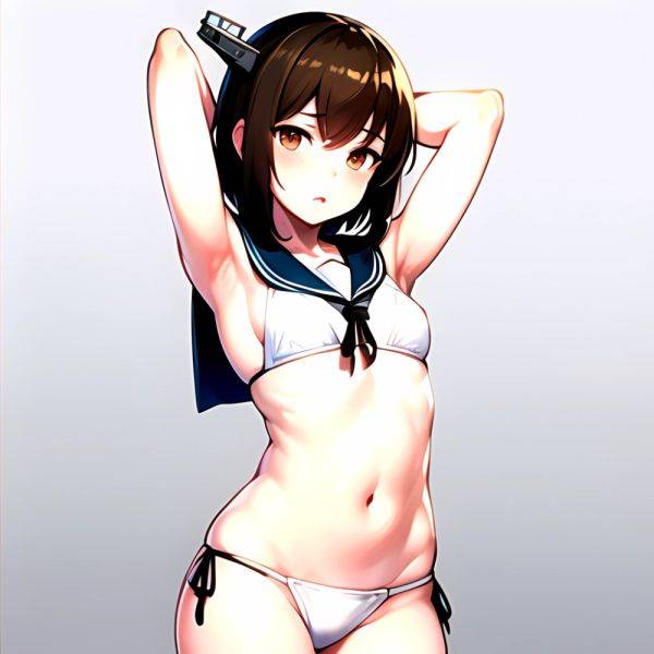 1girl Arms Up Arms Behind Head Bikini Bob Cut Brown Eyes Brown Hair Commentary Request Cosplay Cowboy Shot Flat Chest, 3773691325 - AIHentai - aihentai.co on pornintellect.com