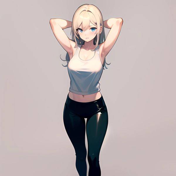 1girl Solo Tank Top Leggings Blue Eyes Standing Fully Clothed Pov Simple Background Arms Behind Head, 4253023086 - AIHentai - aihentai.co on pornintellect.com