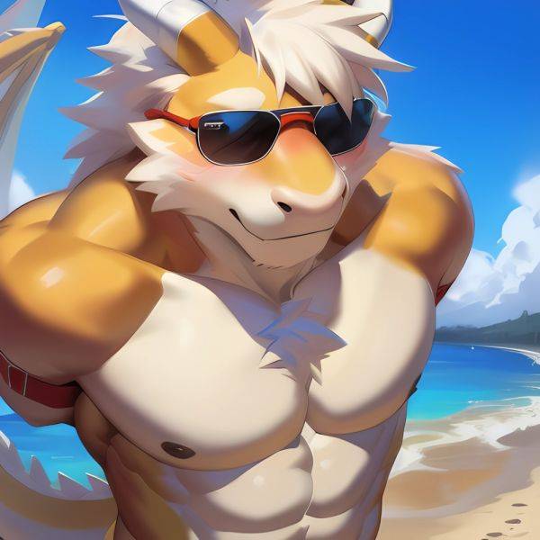 Male Anthro Muscle Kemono Dragon Penis Yellow Body Blush Lifeguard Sunglasses Beach White Mane Horns Chunie Meesh Kiyosan Sigma, 2117485083 - AIHentai - aihentai.co on pornintellect.com