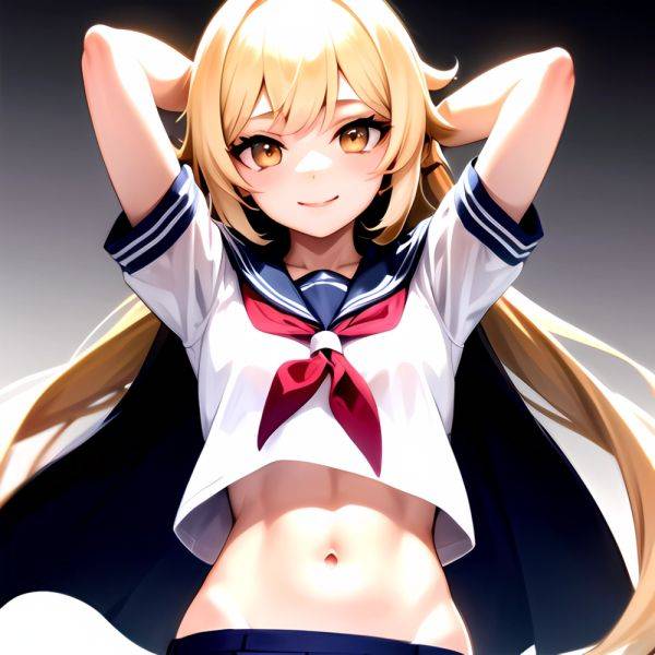 1girl Arms Up Arms Behind Head Blonde Hair Blue Skirt Bow Crop Top Crop Top Overhang Genshin Impact Gradient Background, 345568930 - AIHentai - aihentai.co on pornintellect.com