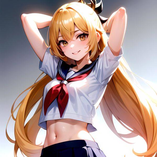 1girl Arms Up Arms Behind Head Blonde Hair Blue Skirt Bow Crop Top Crop Top Overhang Genshin Impact Gradient Background, 2322424126 - AIHentai - aihentai.co on pornintellect.com