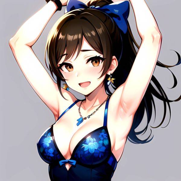 1girl Absurdres Armpits Arms Up Ayase Honoka Black Gloves Blue Bow Blue Dress Blush Bow Breasts Brown Eyes Brown Hair, 3569381727 - AIHentai - aihentai.co on pornintellect.com