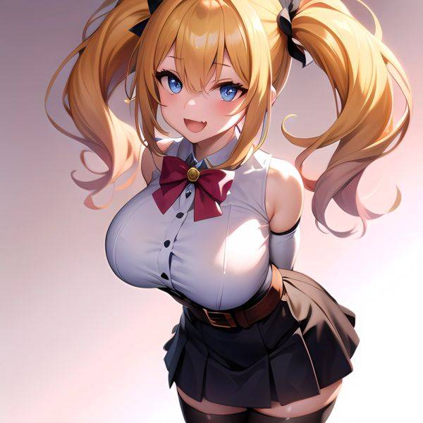 1girl Aymusk Belt Black Skirt Blonde Hair Blue Eyes Blush Bow Bowtie Breasts Curvy Elbow Gloves Fang Gloves Gradient Background, 337022358 - AIHentai - aihentai.co on pornintellect.com
