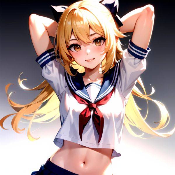 1girl Arms Up Arms Behind Head Blonde Hair Blue Skirt Bow Crop Top Crop Top Overhang Genshin Impact Gradient Background, 2054834750 - AIHentai - aihentai.co on pornintellect.com