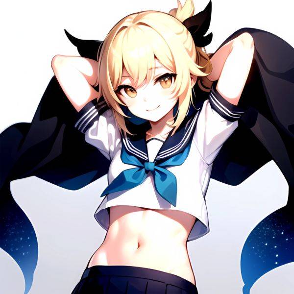 1girl Arms Up Arms Behind Head Blonde Hair Blue Skirt Bow Crop Top Crop Top Overhang Genshin Impact Gradient Background, 2171232049 - AIHentai - aihentai.co on pornintellect.com