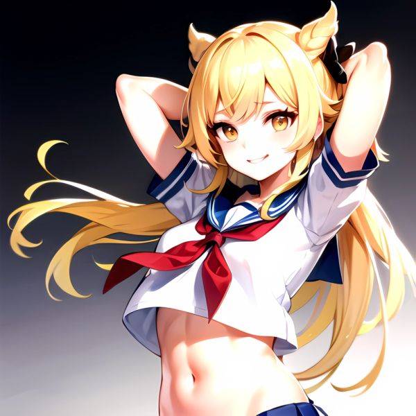 1girl Arms Up Arms Behind Head Blonde Hair Blue Skirt Bow Crop Top Crop Top Overhang Genshin Impact Gradient Background, 2658681766 - AIHentai - aihentai.co on pornintellect.com