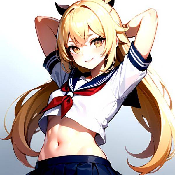 1girl Arms Up Arms Behind Head Blonde Hair Blue Skirt Bow Crop Top Crop Top Overhang Genshin Impact Gradient Background, 3132066354 - AIHentai - aihentai.co on pornintellect.com