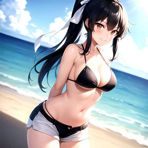 1girl Arms Behind Back Beach Bikini Bikini Under Shorts Black Bikini Black Hair Blurry Blurry Background Breasts Cleavage Closed, 2915022791 - AIHentai - aihentai.co on pornintellect.com