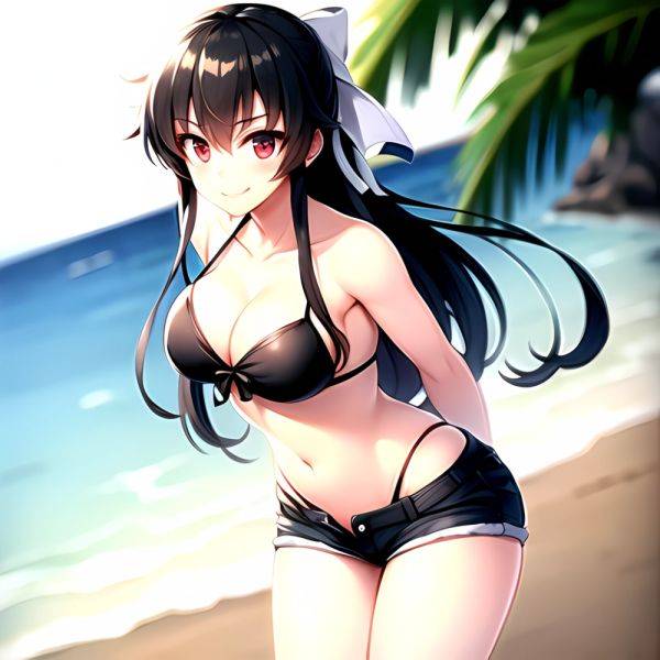 1girl Arms Behind Back Beach Bikini Bikini Under Shorts Black Bikini Black Hair Blurry Blurry Background Breasts Cleavage Closed, 3269373516 - AIHentai - aihentai.co on pornintellect.com