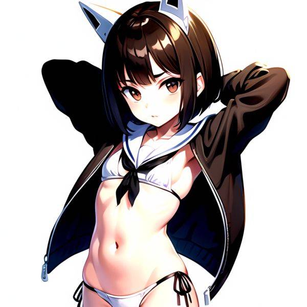 1girl Arms Up Arms Behind Head Bikini Bob Cut Brown Eyes Brown Hair Cosplay Cowboy Shot Flat Chest Headgear Inverted, 2816778522 - AIHentai - aihentai.co on pornintellect.com