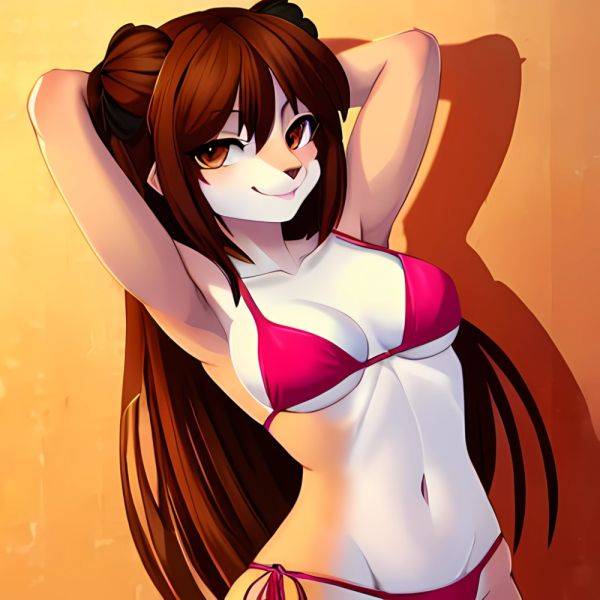 1girl Armpits Arms Behind Head Bikini Brown Eyes Brown Hair Cowboy Shot Dot Nose Flat Chest From Side Hair Ornament, 3029993276 - AIHentai - aihentai.co on pornintellect.com