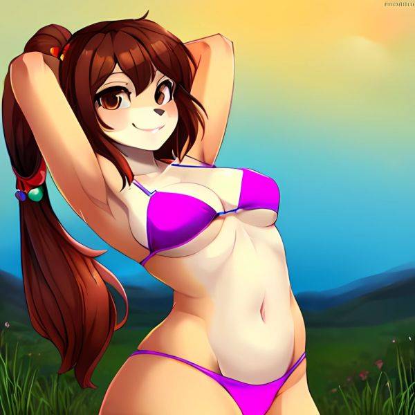 1girl Armpits Arms Behind Head Bikini Brown Eyes Brown Hair Cowboy Shot Dot Nose Flat Chest From Side Hair Ornament, 4172260743 - AIHentai - aihentai.co on pornintellect.com