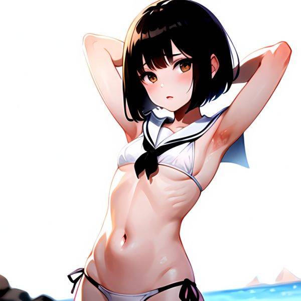 1girl Arms Up Arms Behind Head Bikini Bob Cut Brown Eyes Brown Hair Cosplay Cowboy Shot Flat Chest Headgear Inverted, 4289613310 - AIHentai - aihentai.co on pornintellect.com