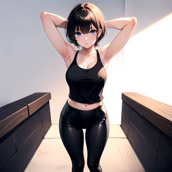 1girl Solo Tank Top Leggings Blue Eyes Standing Fully Clothed Pov Simple Background Arms Behind Head, 1290531711 - AIHentai - aihentai.co on pornintellect.com