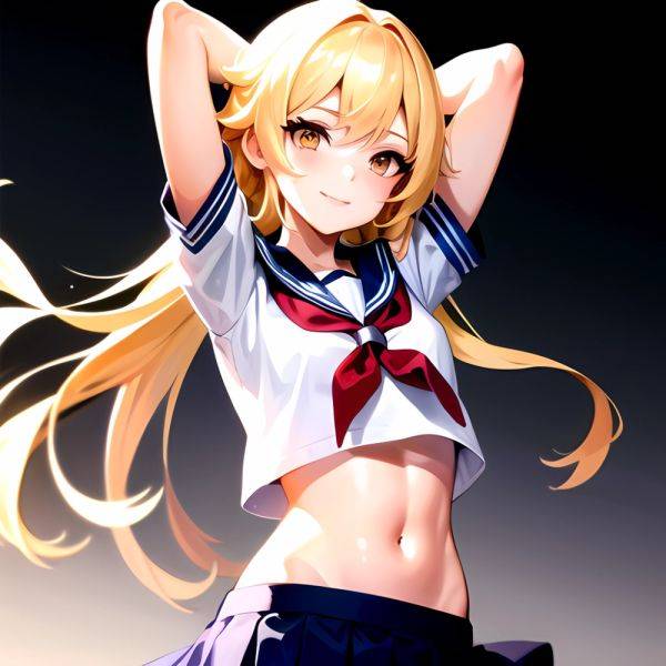 1girl Arms Up Arms Behind Head Blonde Hair Blue Skirt Bow Crop Top Crop Top Overhang Genshin Impact Gradient Background, 3715691555 - AIHentai - aihentai.co on pornintellect.com