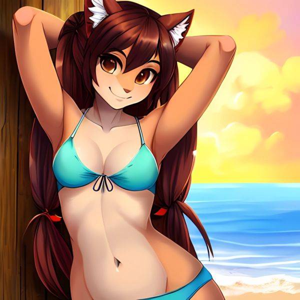 1girl Armpits Arms Behind Head Bikini Brown Eyes Brown Hair Cowboy Shot Dot Nose Flat Chest From Side Hair Ornament, 2479588633 - AIHentai - aihentai.co on pornintellect.com