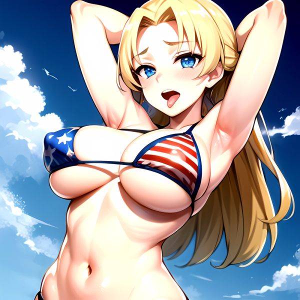 1girl American Flag Bikini Armpits Arms Behind Head Bikini Blonde Hair Blue Eyes Blush Breasts Covered Erect Nipples Flag Print, 2607662149 - AIHentai - aihentai.co - Usa on pornintellect.com