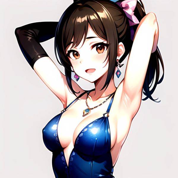 1girl Absurdres Armpits Arms Up Ayase Honoka Black Gloves Blue Bow Blue Dress Blush Bow Breasts Brown Eyes Brown Hair, 136621322 - AIHentai - aihentai.co on pornintellect.com