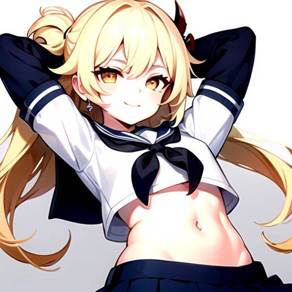 1girl Arms Up Arms Behind Head Blonde Hair Blue Skirt Bow Crop Top Crop Top Overhang Genshin Impact Gradient Background, 2252329862 - AIHentai - aihentai.co on pornintellect.com