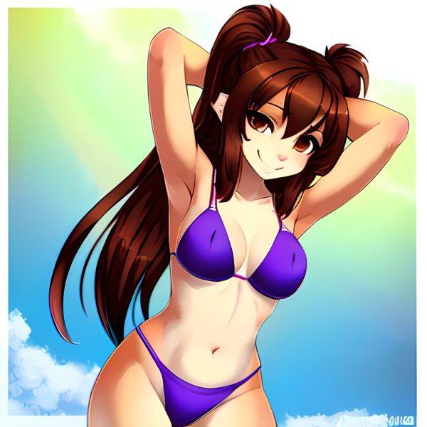 1girl Adjusting Hair Armpits Arms Behind Head Bikini Brown Eyes Brown Hair Cowboy Shot Dot Nose Flat Chest From Side, 2490838535 - AIHentai - aihentai.co on pornintellect.com