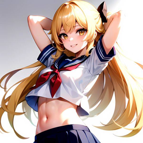 1girl Arms Up Arms Behind Head Blonde Hair Blue Skirt Bow Crop Top Crop Top Overhang Genshin Impact Gradient Background, 934029849 - AIHentai - aihentai.co on pornintellect.com