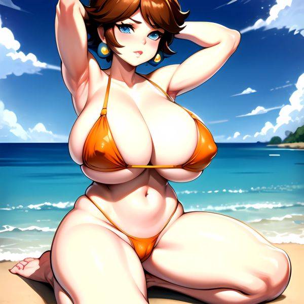 1girl Areola Slip Armpits Arms Behind Head Bikini Blue Eyes Blush Breasts Brown Hair Cleavage Huge Breasts Legs Mario Series, 3738273869 - AIHentai - aihentai.co on pornintellect.com