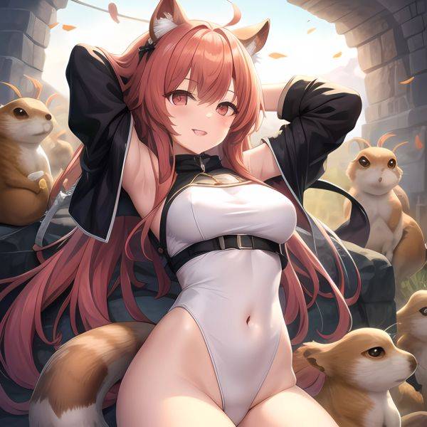 1girl Absurdres Animal Ear Fluff Animal Ears Arknights Arms Behind Head Chest Armor Covered Navel Gravel Arknights Highleg Highl, 2398797952 - AIHentai - aihentai.co on pornintellect.com